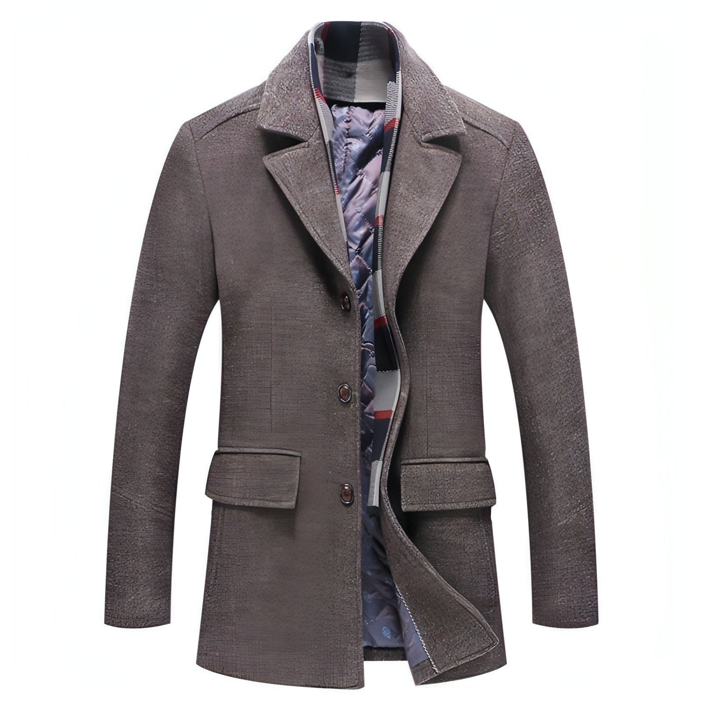 Veste mi-saison homme en laine marron chiné, col cranté, poches, patte boutonnée, écharpe à carreaux.
