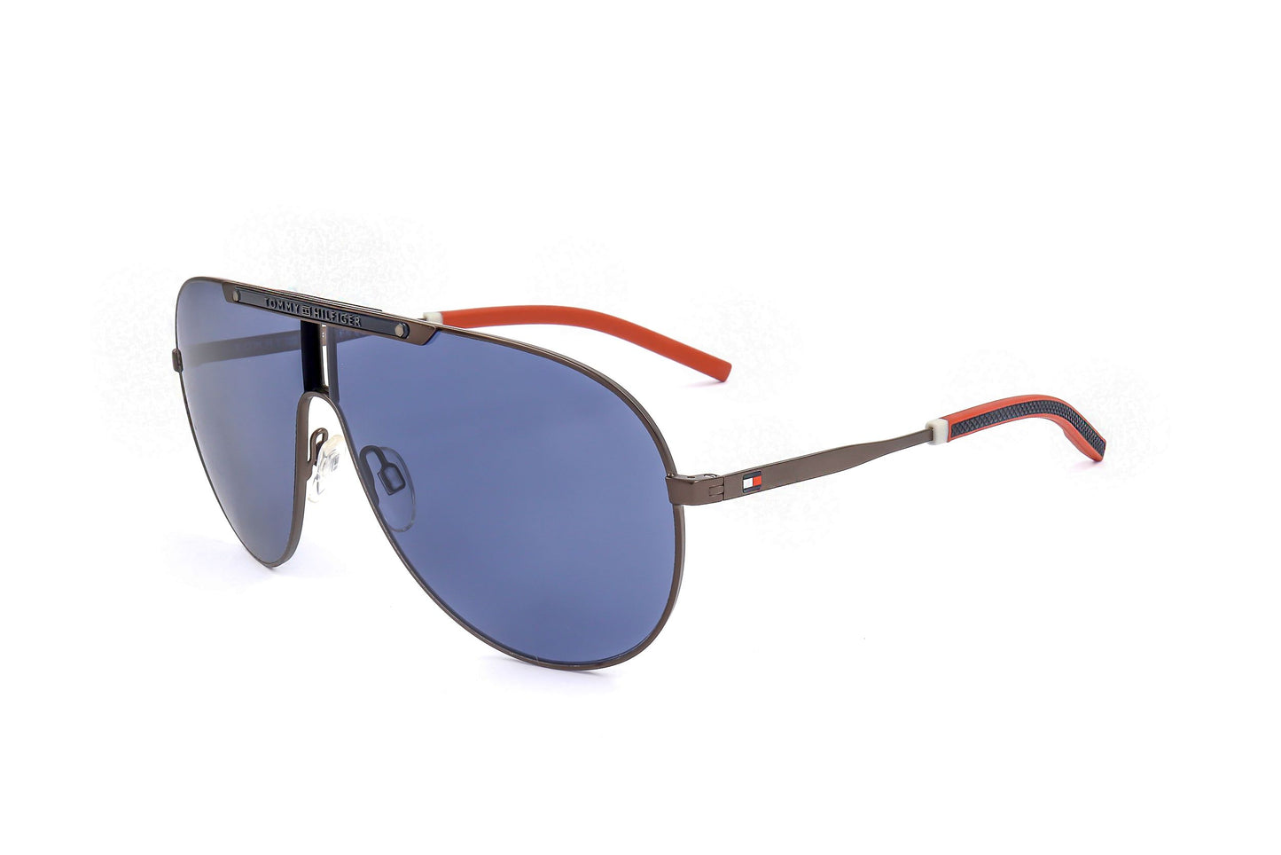 Lunettes de soleil Tommy Hilfiger, verres bleus, branches orange sur monture métal