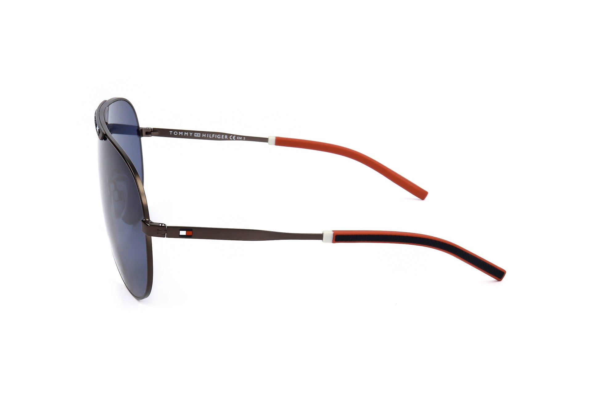 Lunettes de soleil Tommy Hilfiger, vue de côté, verres bleus et branches orange