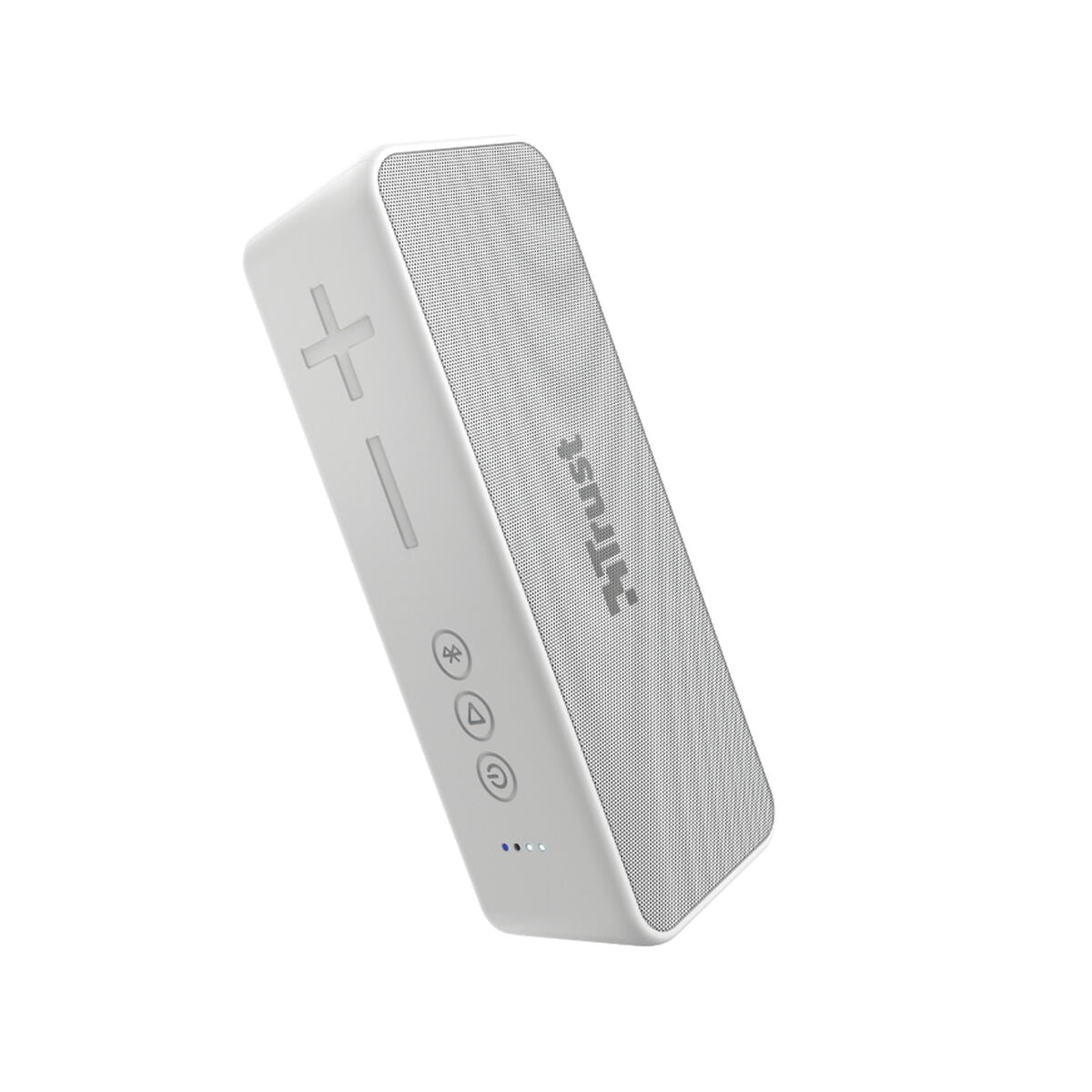 Enceinte Bluetooth portable blanche, vue latérale avec boutons et symbole +/–.