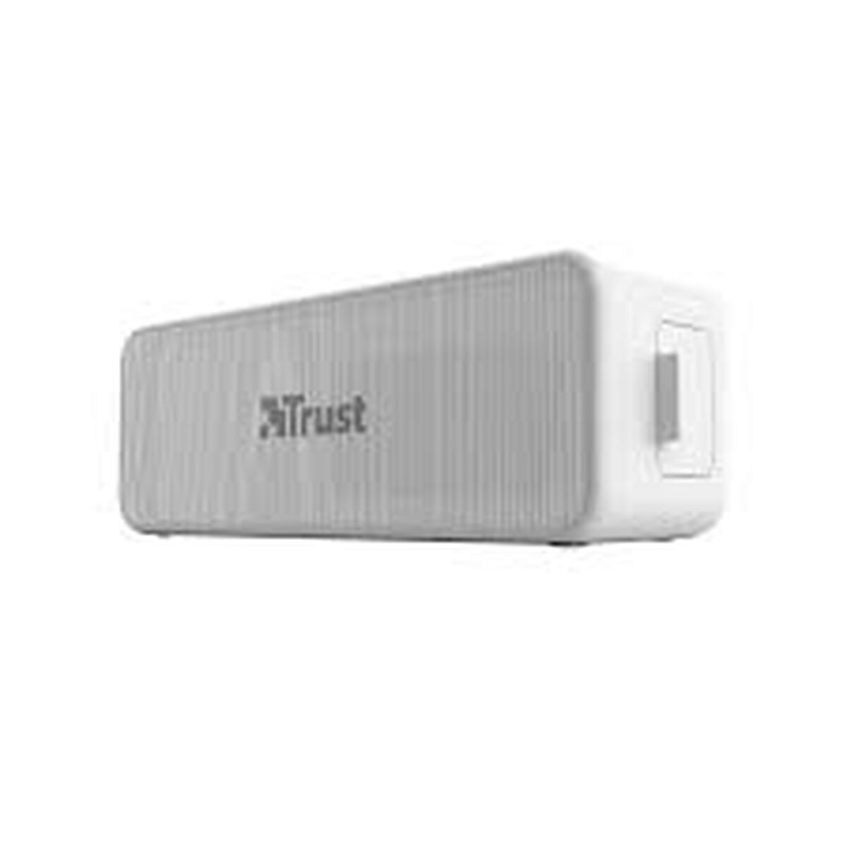Enceinte Bluetooth portable blanche, face avant avec logo Trust et haut-parleur grille.