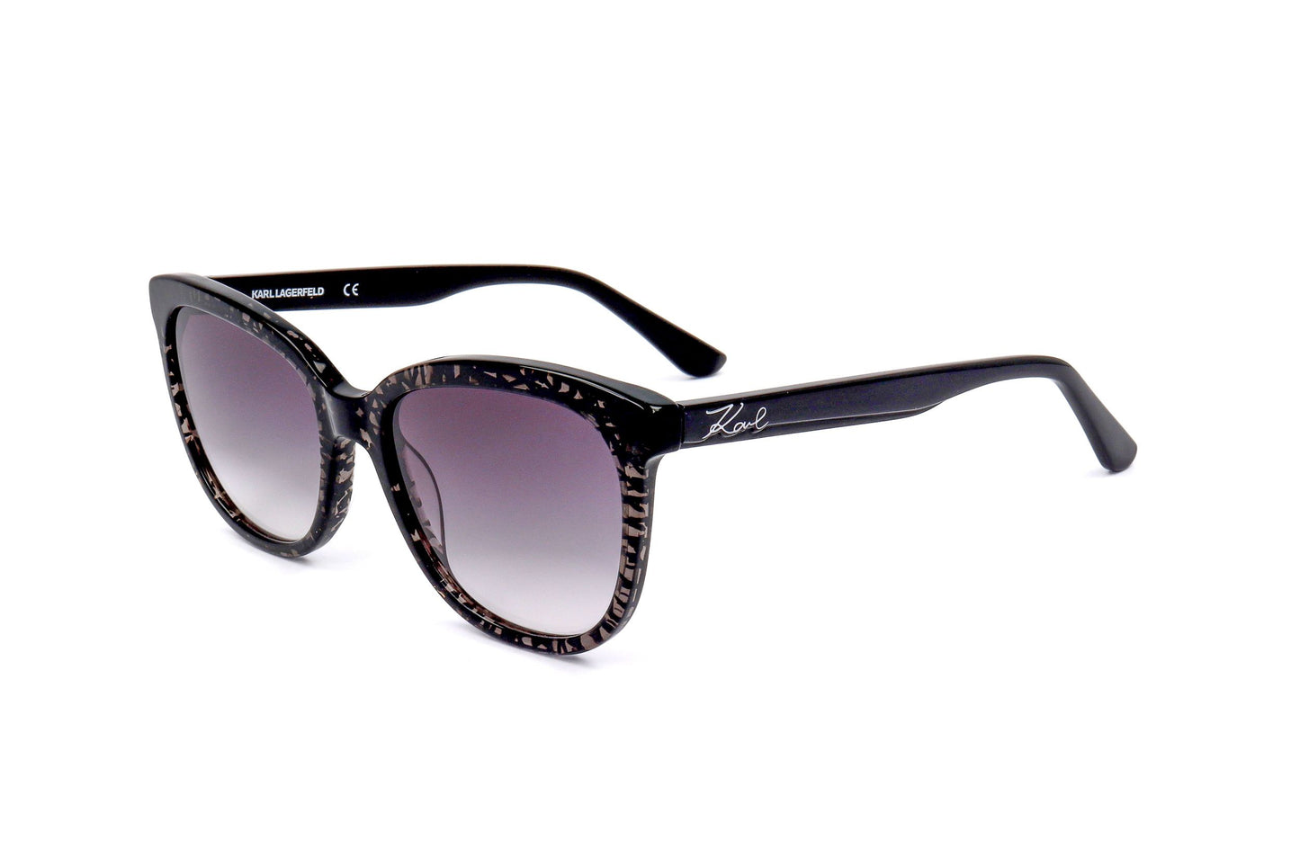 Lunettes de soleil femme Karl Lagerfeld, monture noire, verres violets, vue de profil