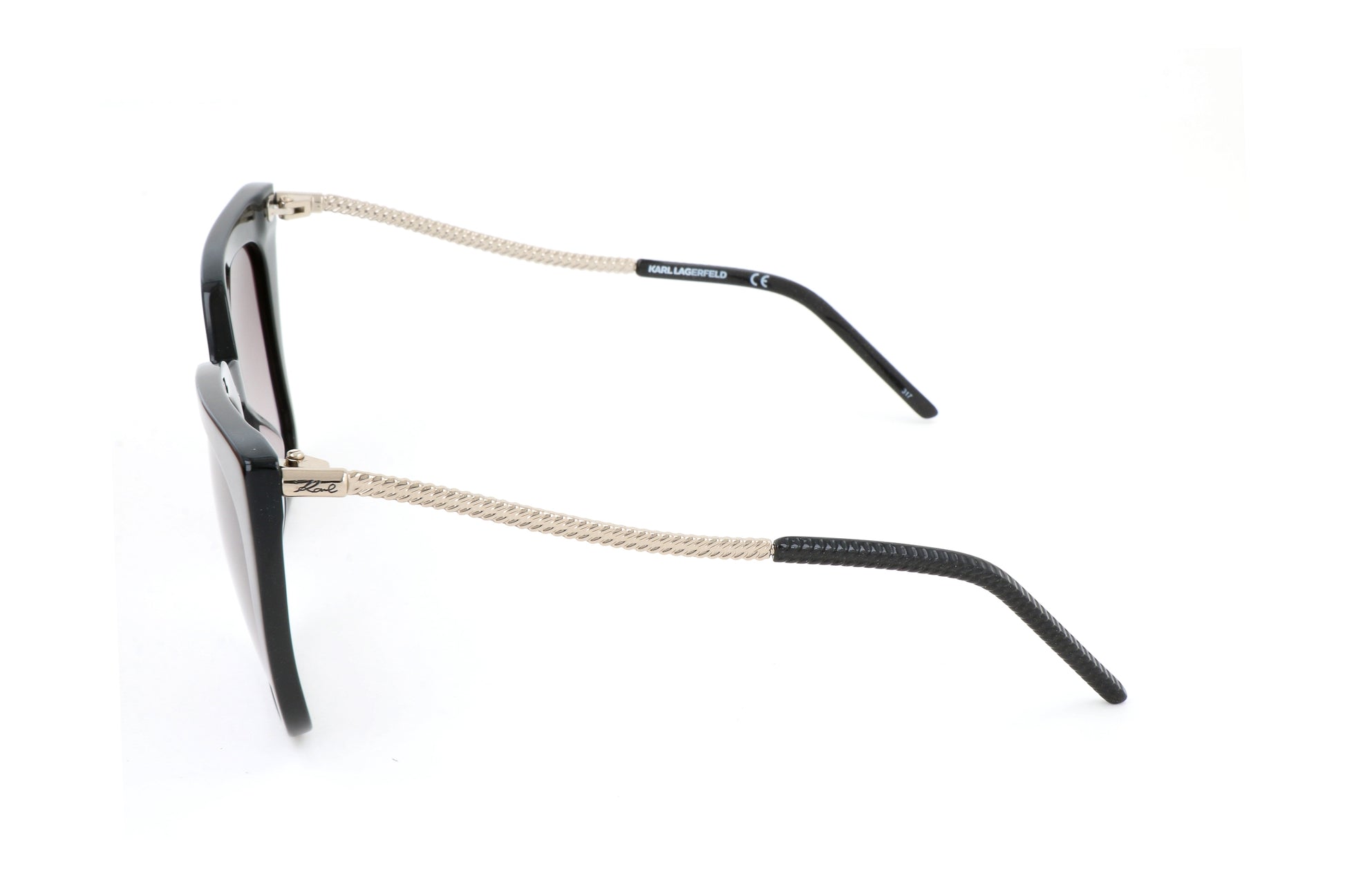 Lunettes de soleil œil-de-chat Karl Lagerfeld vue latérale, monture noire, branches beige