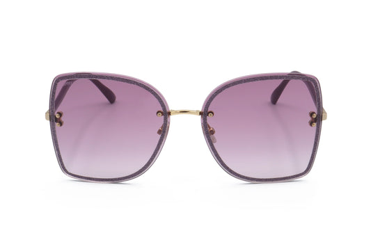 Lunettes de soleil femme à monture métal or prune, verres dégradés violets.