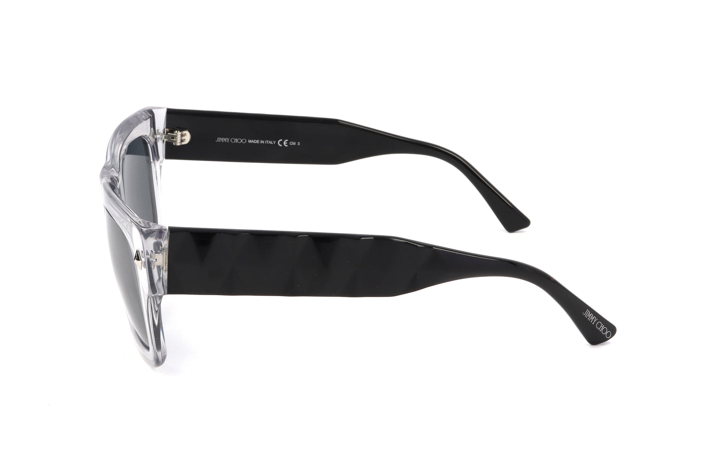 Lunettes de soleil unisexes vue de côté, branches noires, monture gris transparent