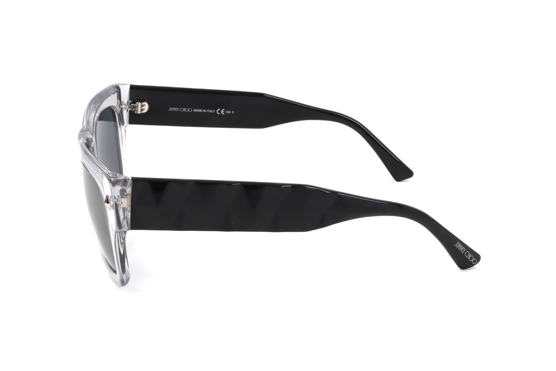 Lunettes de soleil unisexes vue de côté, branches noires, monture gris transparent