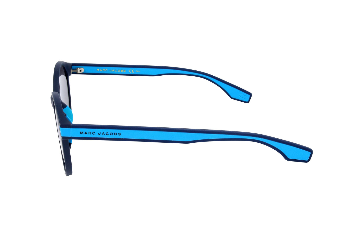 Lunettes de soleil Marc Jacobs, branche bleue, monture bleue, vue de profil