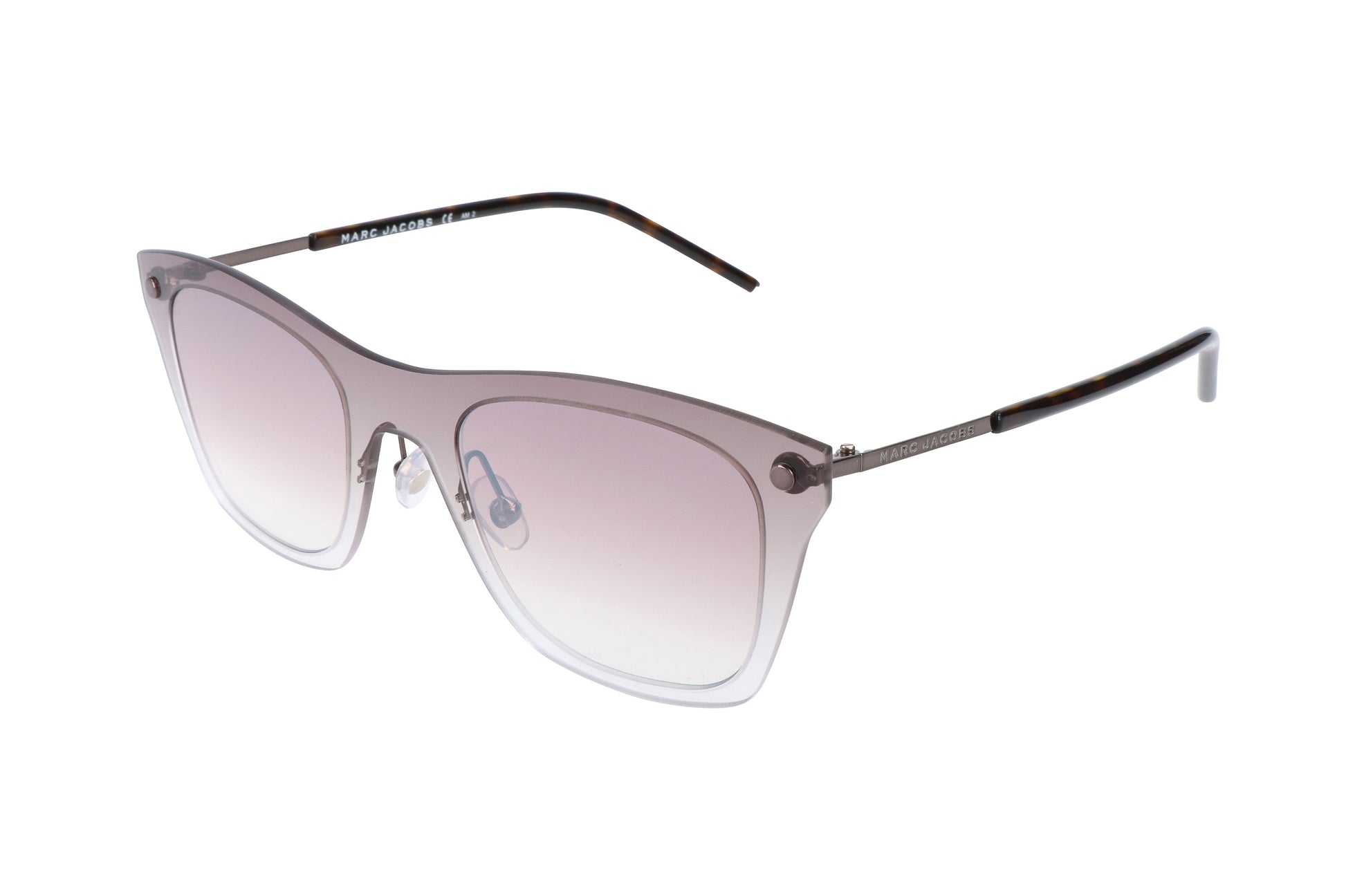 Lunettes Marc Jacobs vue de côté, monture havane brun et verres rosés dégradés.