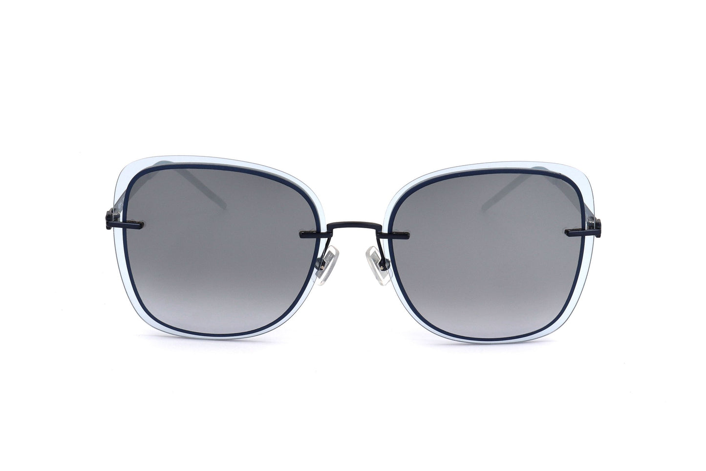 Lunettes de soleil femme monture bleu clair et verres gris, forme carrée arrondie.