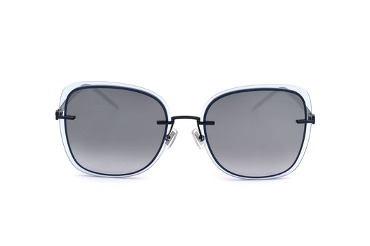 Lunettes de soleil femme monture bleu clair et verres gris, forme carrée arrondie.