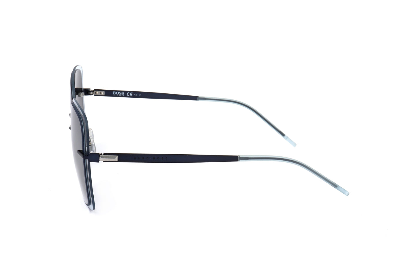 Lunettes de soleil femme vues de côté, monture bleu clair et verres gris fumé.