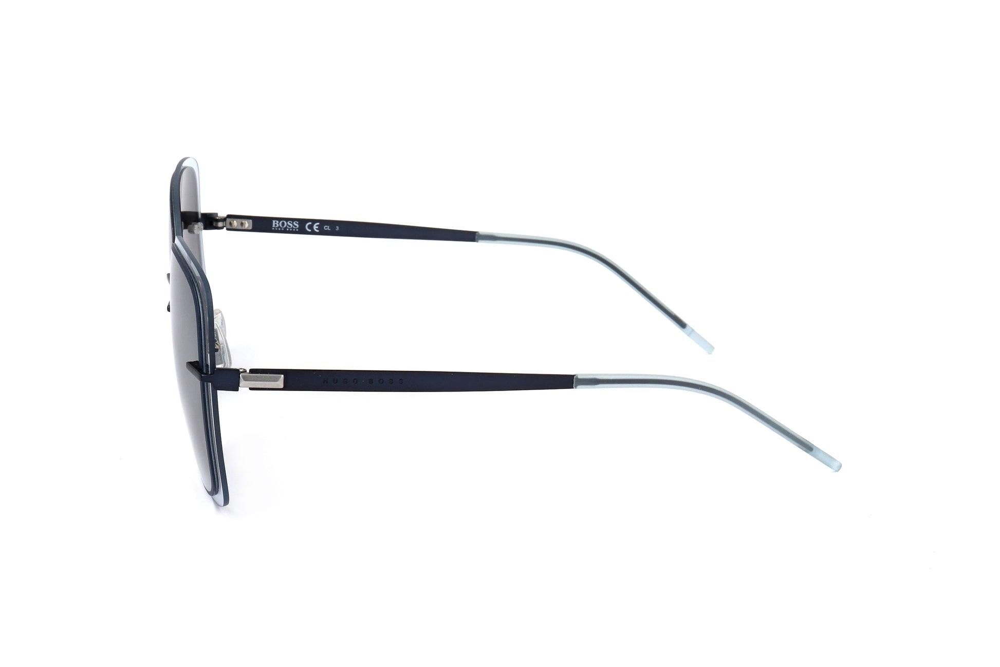 Lunettes de soleil femme vues de côté, monture bleu clair et verres gris fumé.