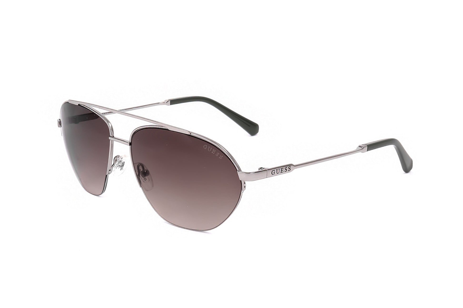 Lunettes de soleil Guess homme, vue de côté, monture argent, verres gris foncé
