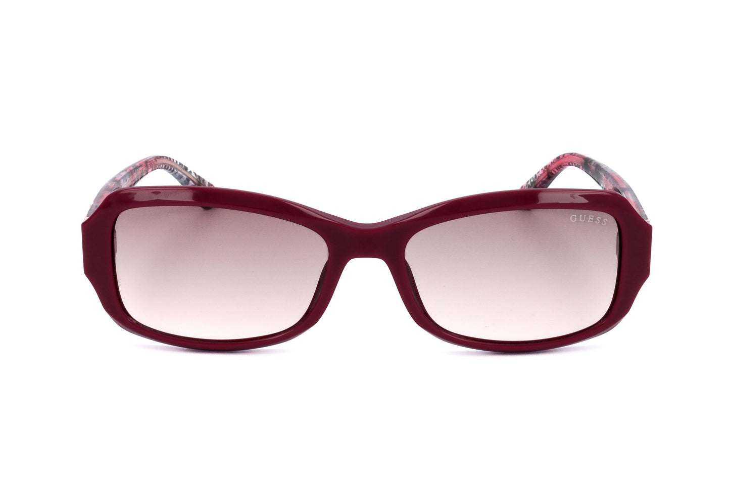 Lunettes de soleil Guess femme, monture rose, verres teintés, forme carrée.