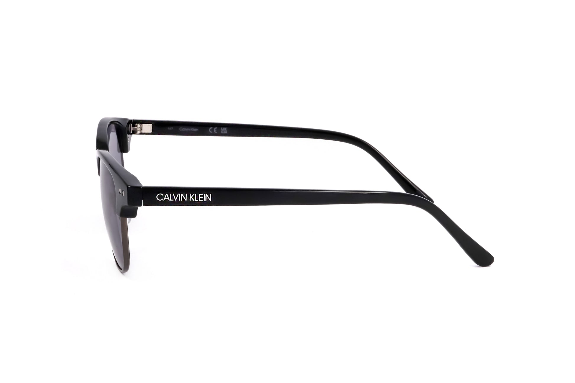 Lunettes Calvin Klein, côté, branches noires métalliques, verres teintés violets