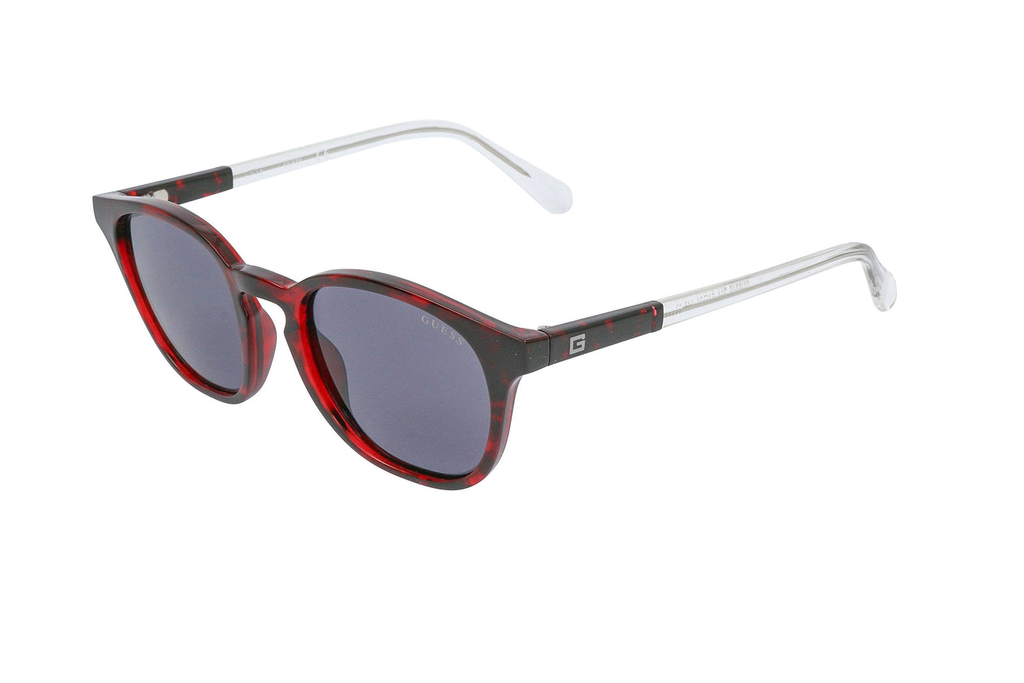 Lunettes Guess profil, monture bordeaux multicolore, verres foncés, branche marquée G