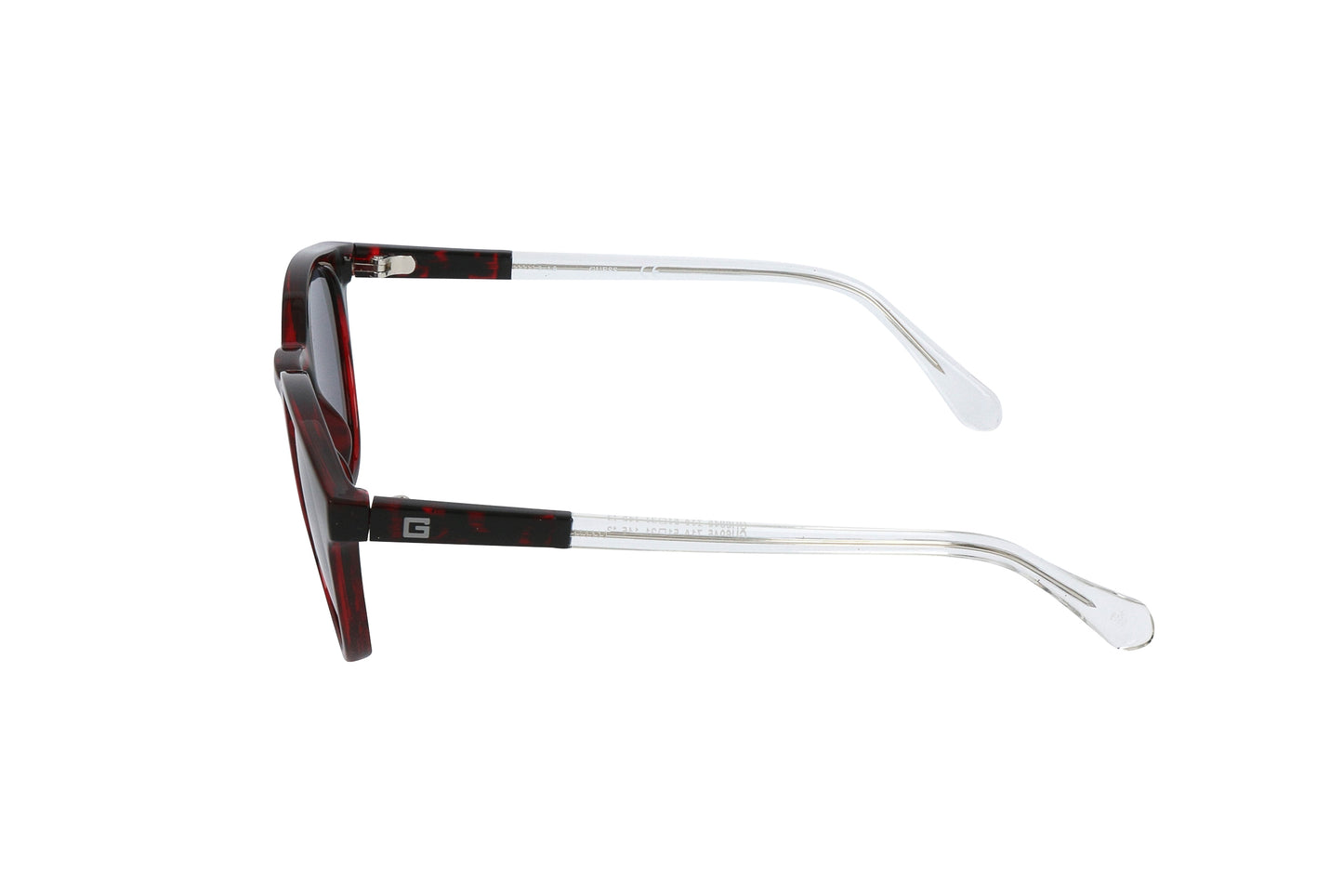 Lunettes de soleil Guess, vue côté, monture bordeaux, verres foncés, branches fines