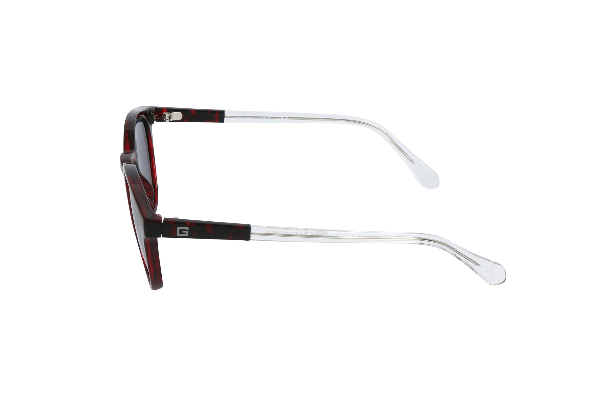 Lunettes de soleil Guess, vue côté, monture bordeaux, verres foncés, branches fines