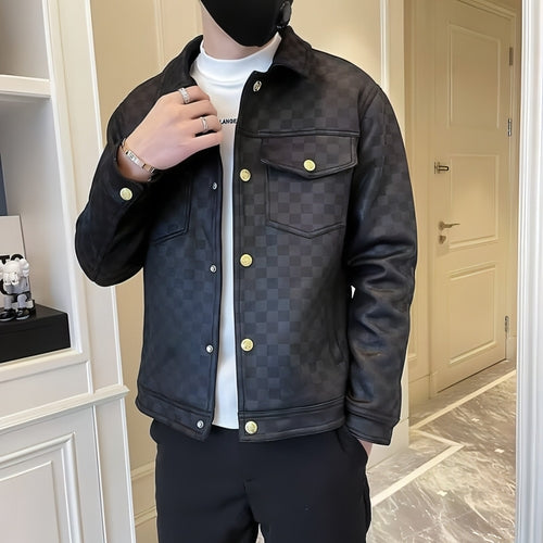 Veste homme noire à motif, col montant, boutons dorés, poches poitrine à rabat