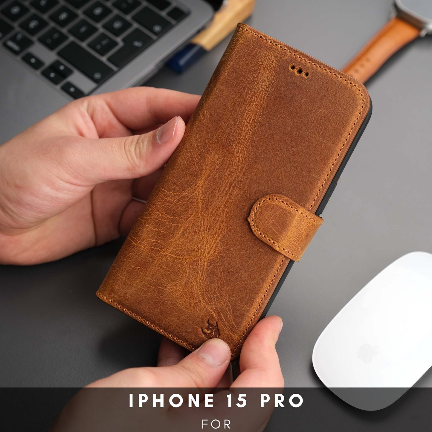 Coque portefeuille en cuir marron avec rabat à boucle, protection pour téléphone