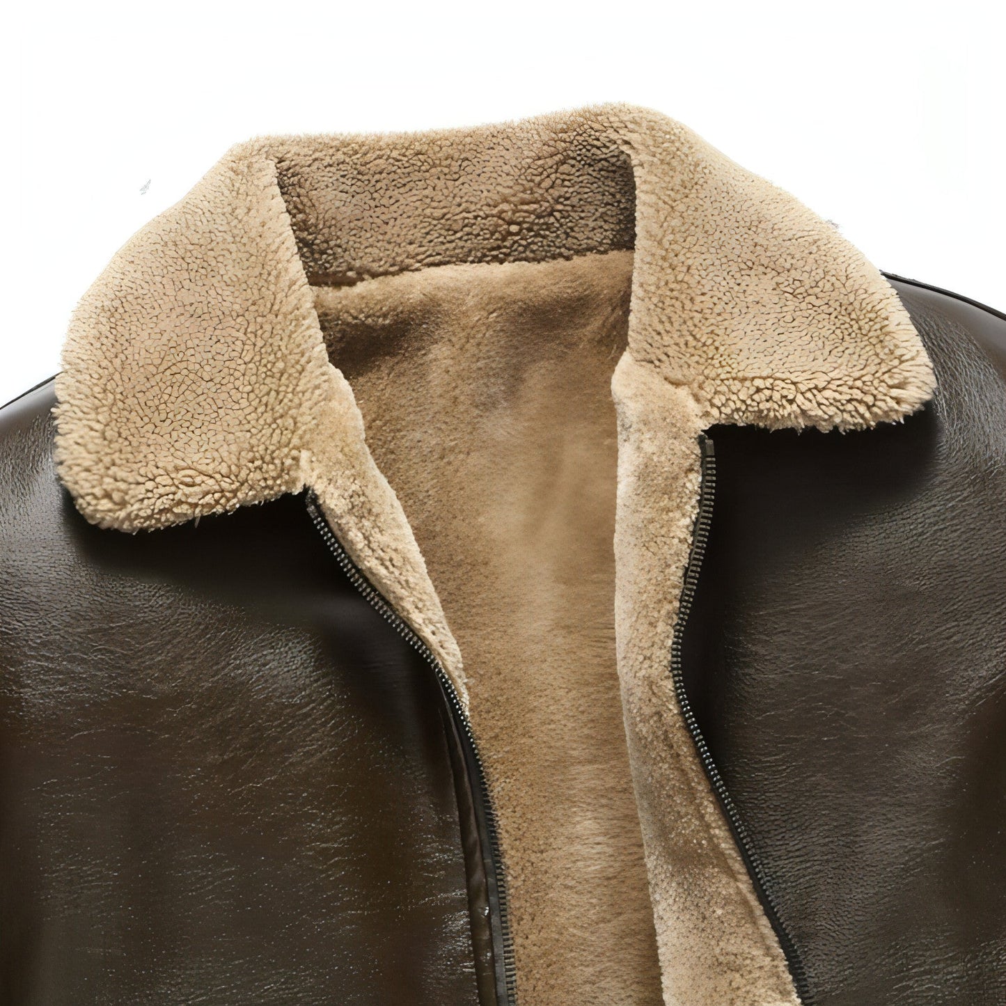 Veste en cuir, col polo en polaire beige et zip, vue rapprochée