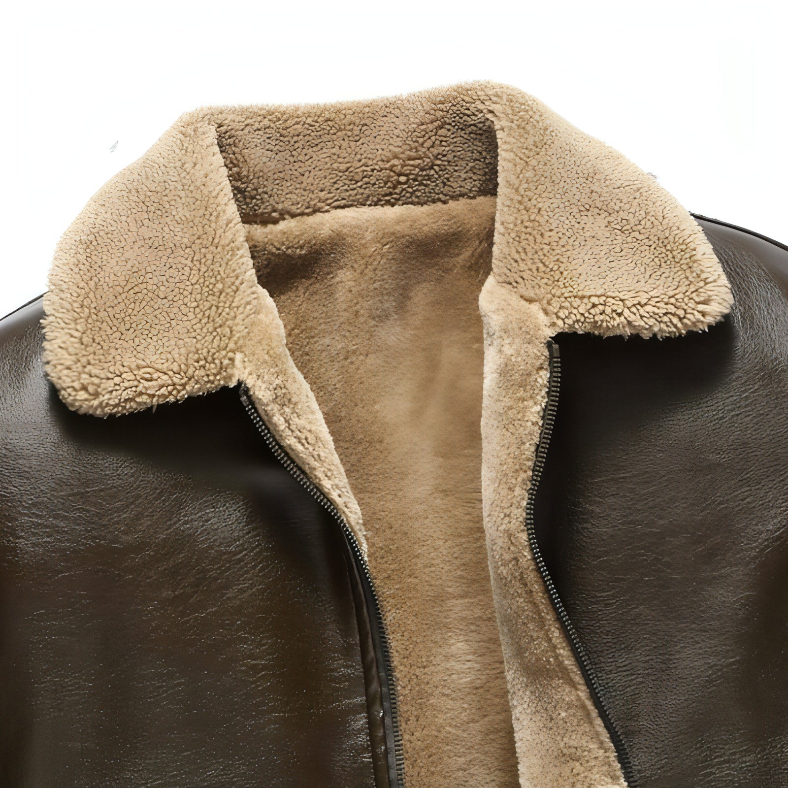 Veste en cuir, col polo en polaire beige et zip, vue rapprochée