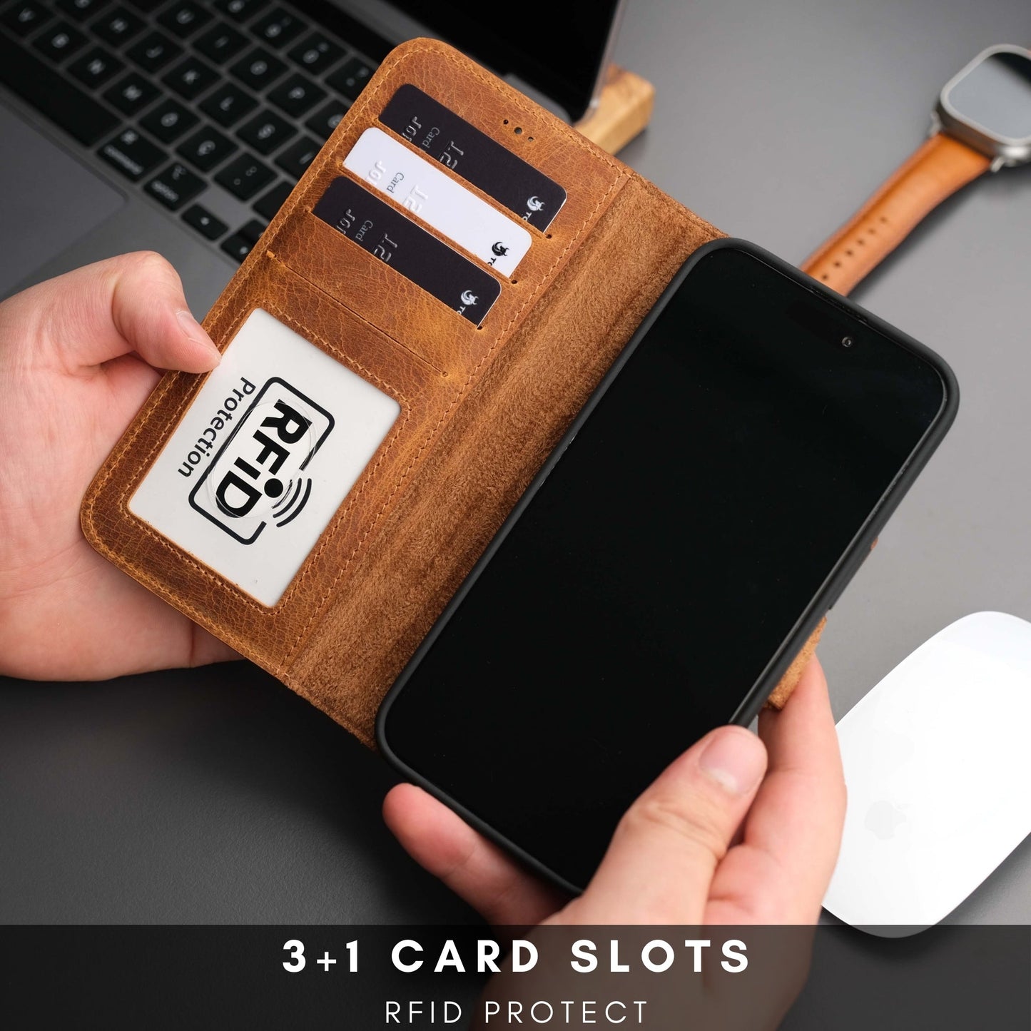Coque portefeuille en cuir marron avec emplacements cartes et rabat