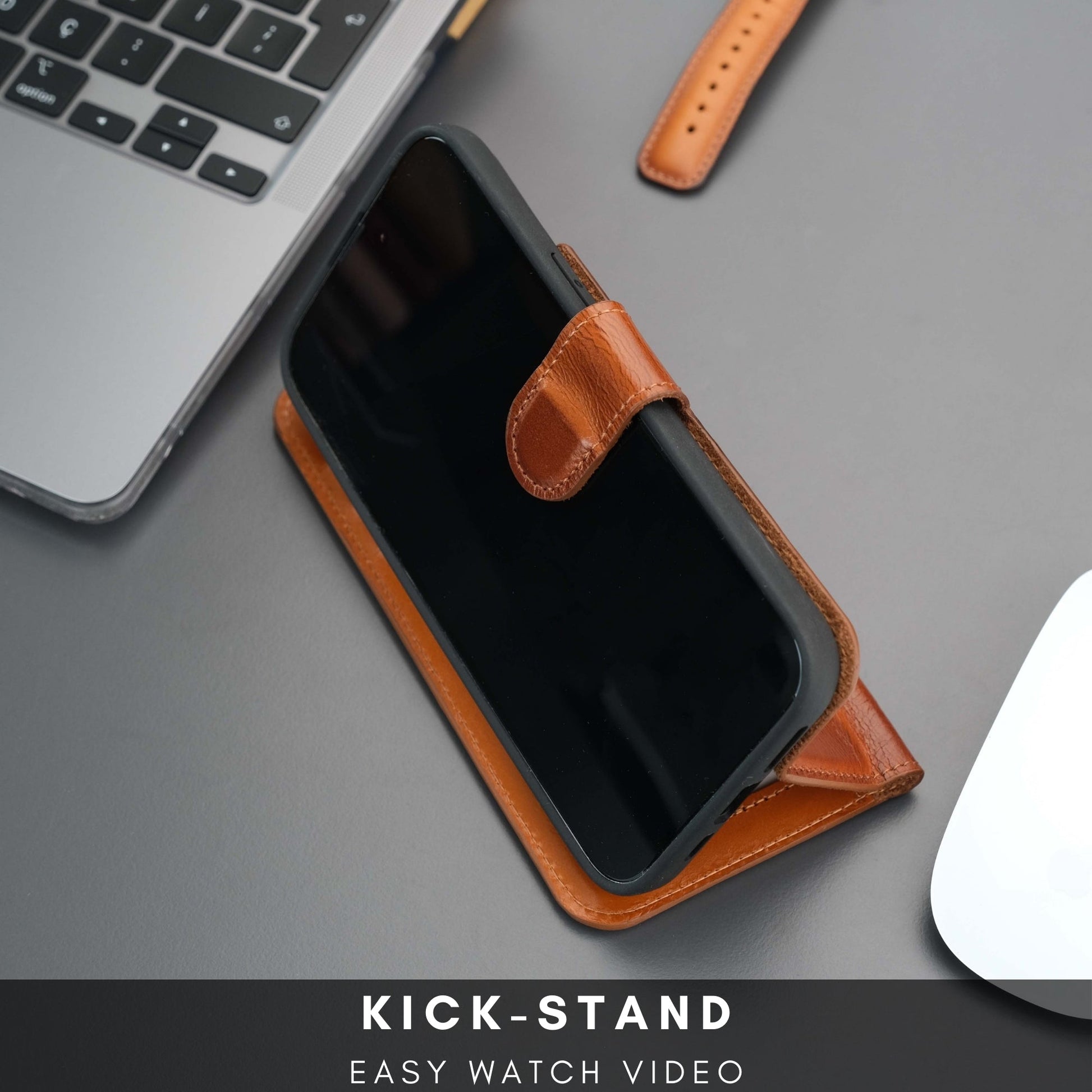Coque portefeuille en cuir orange pour iPhone, rabat transformé en béquille pour poser le téléphone
