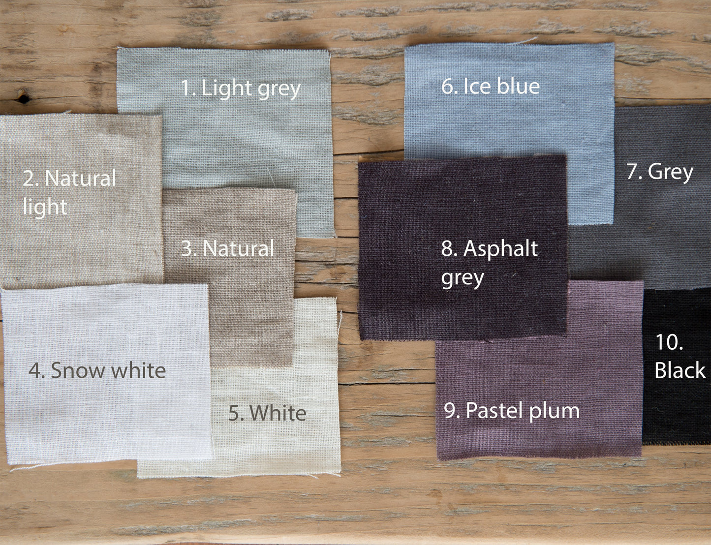 Nuancier de lin pour sac fourre-tout : gris clair, naturel clair, blanc, asphalte.