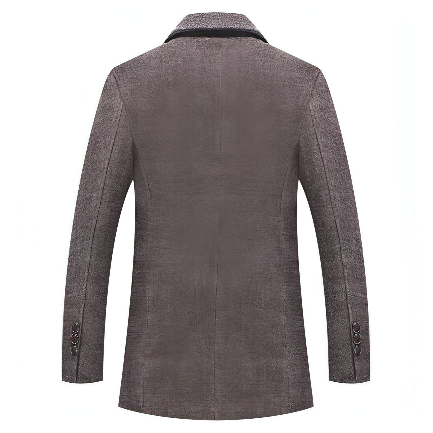 Veste homme en laine marron, vue dos, col simple, manches longues, coutures visibles.