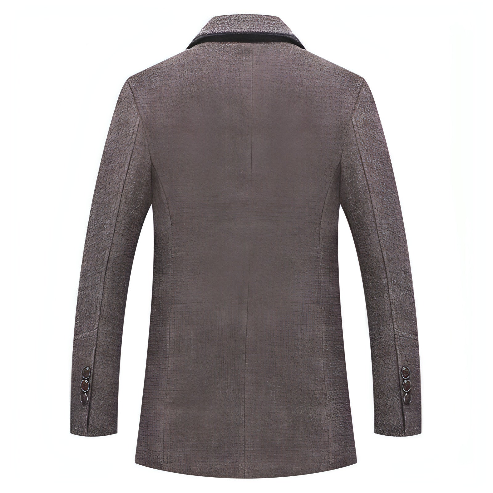 Veste homme en laine marron, vue dos, col simple, manches longues, coutures visibles.