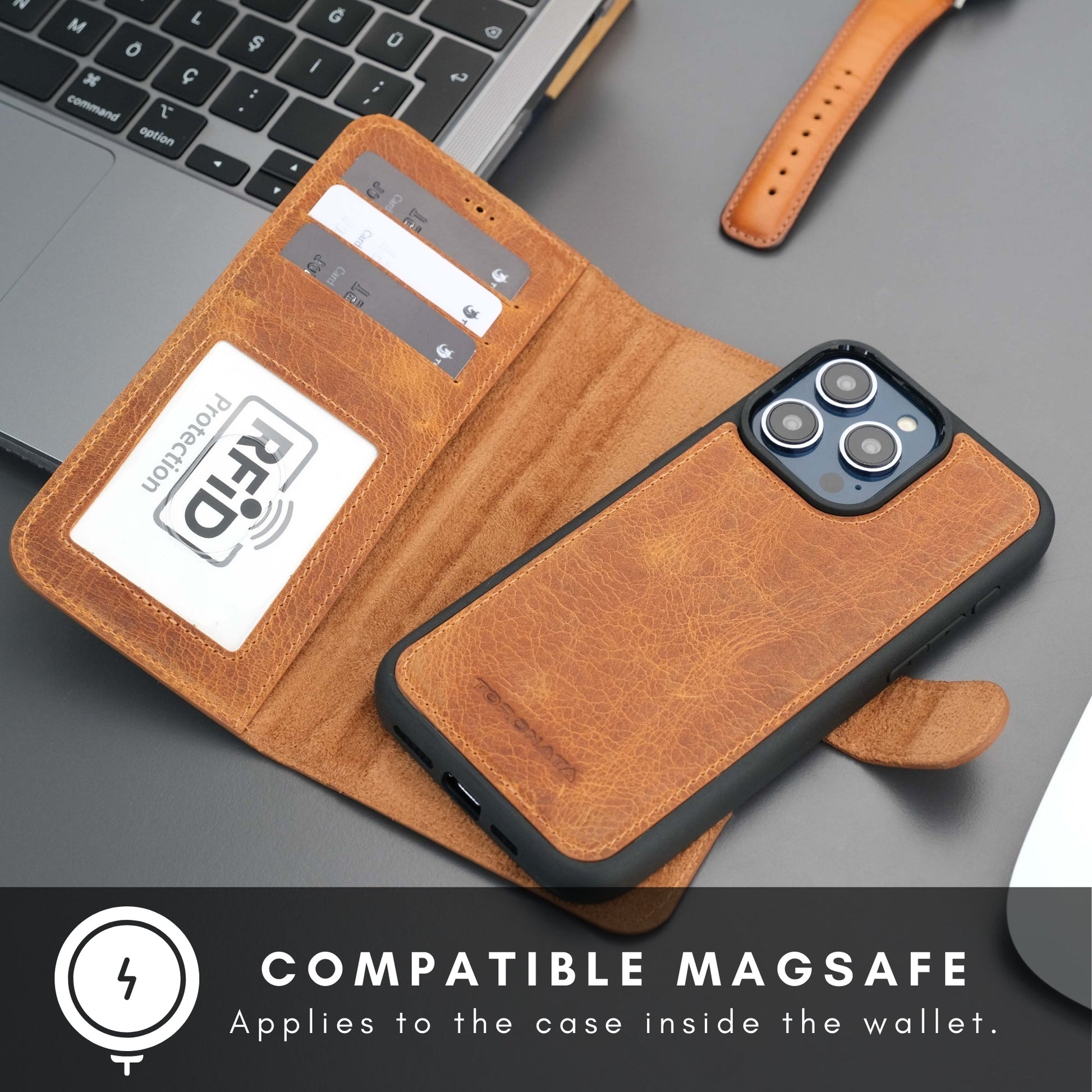 Coque portefeuille en cuir marron avec rabat et support carte, vue arrière