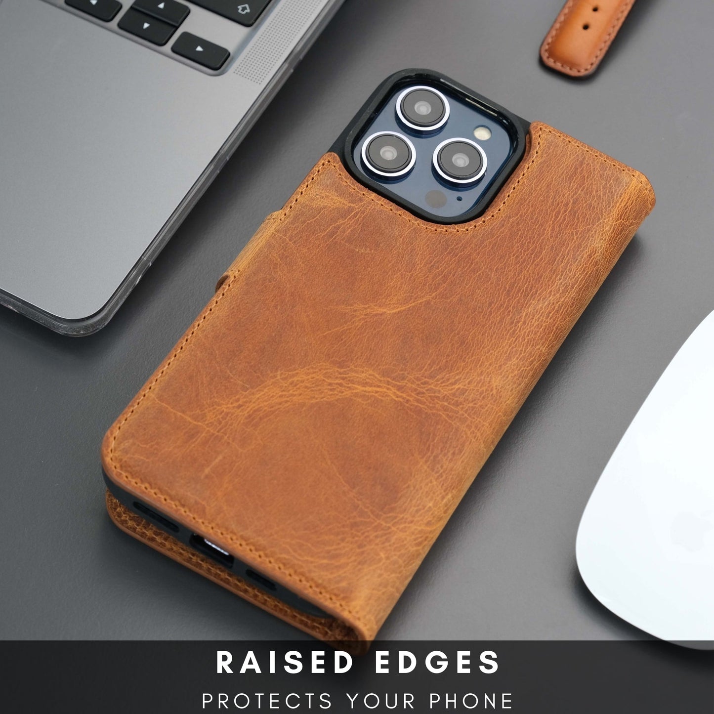 Coque portefeuille en cuir marron avec découpe caméra et rabat, MagSafe