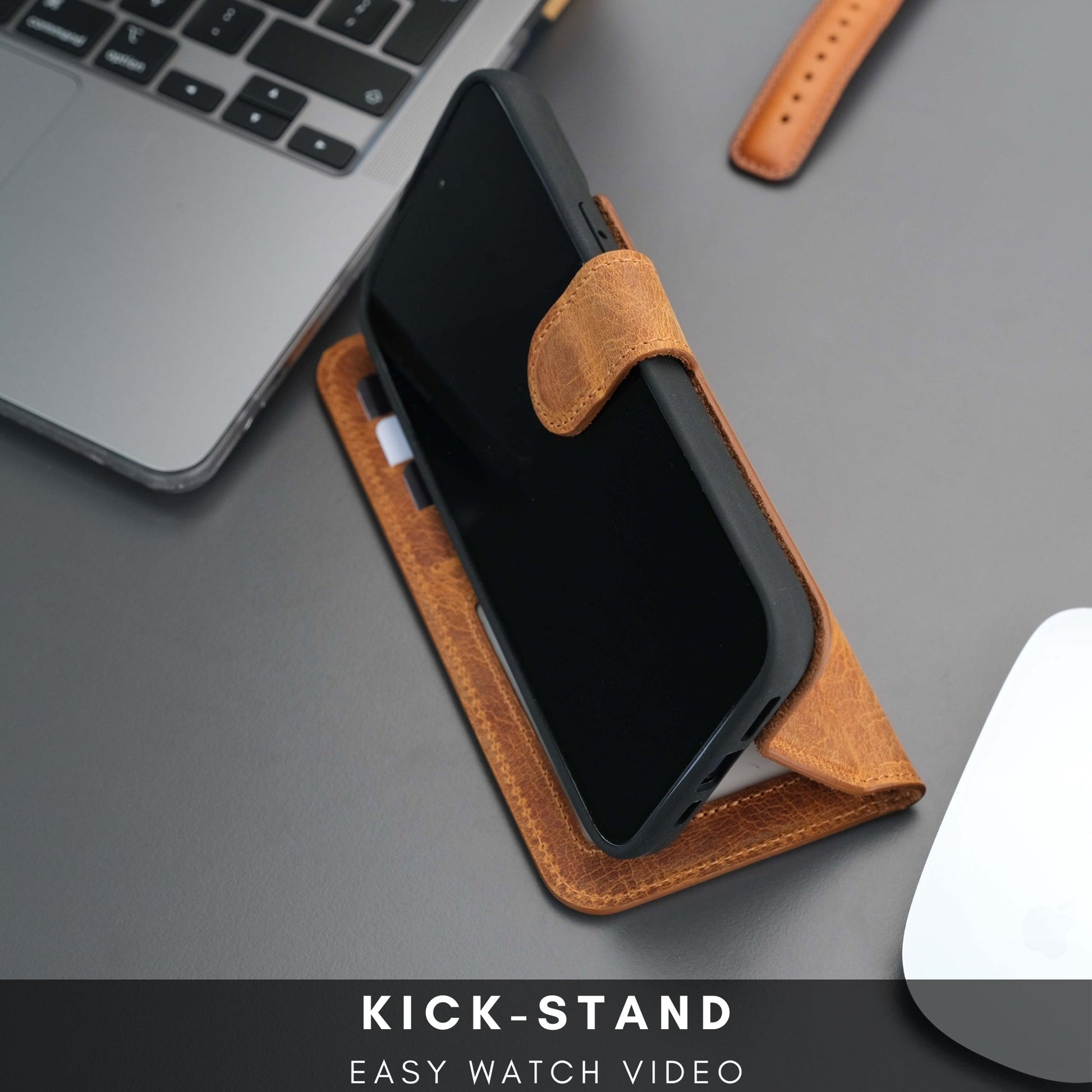 Coque portefeuille cuir caramel pour iPhone, rabat pliable en support