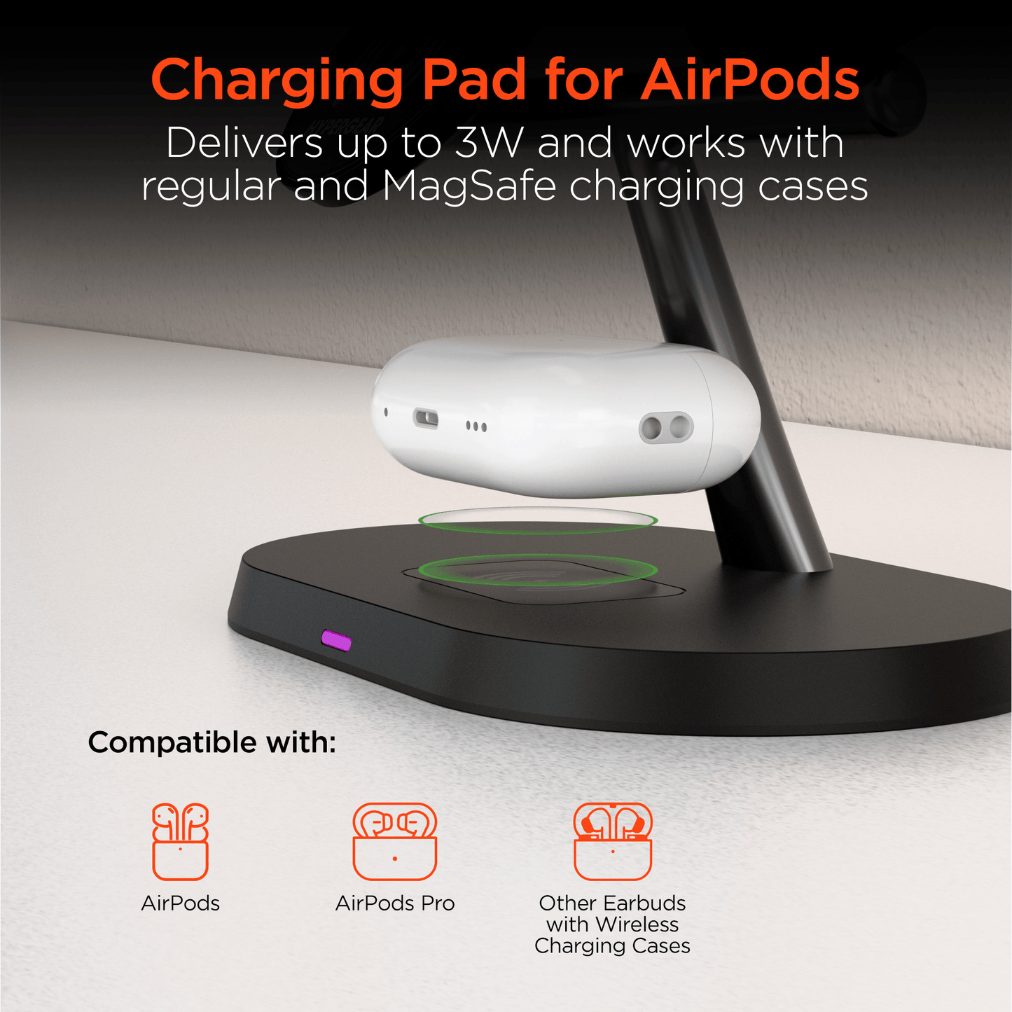 Support de charge AirPods blanc sur station noire avec socle et voyant