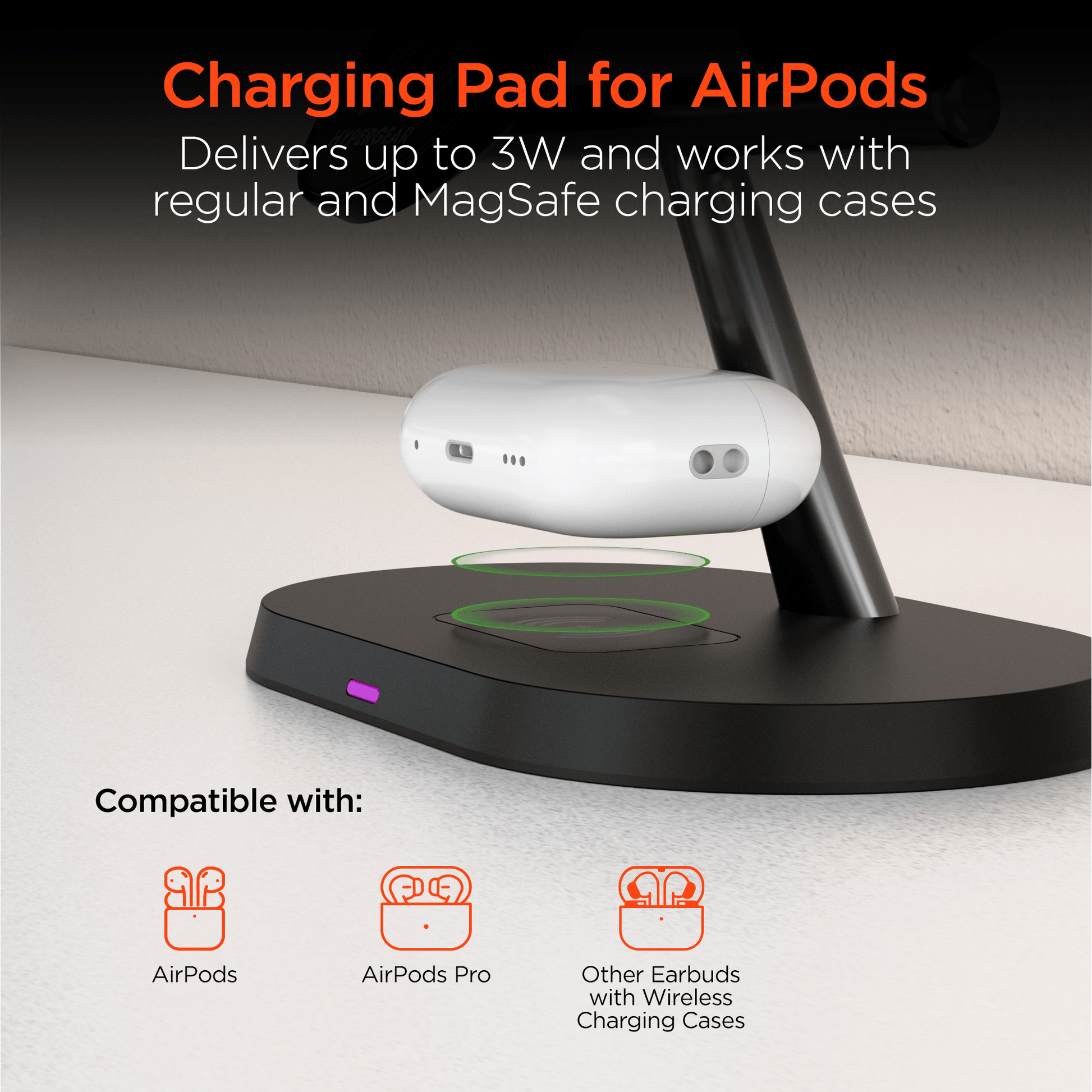 Support de charge AirPods blanc sur station noire avec socle et voyant