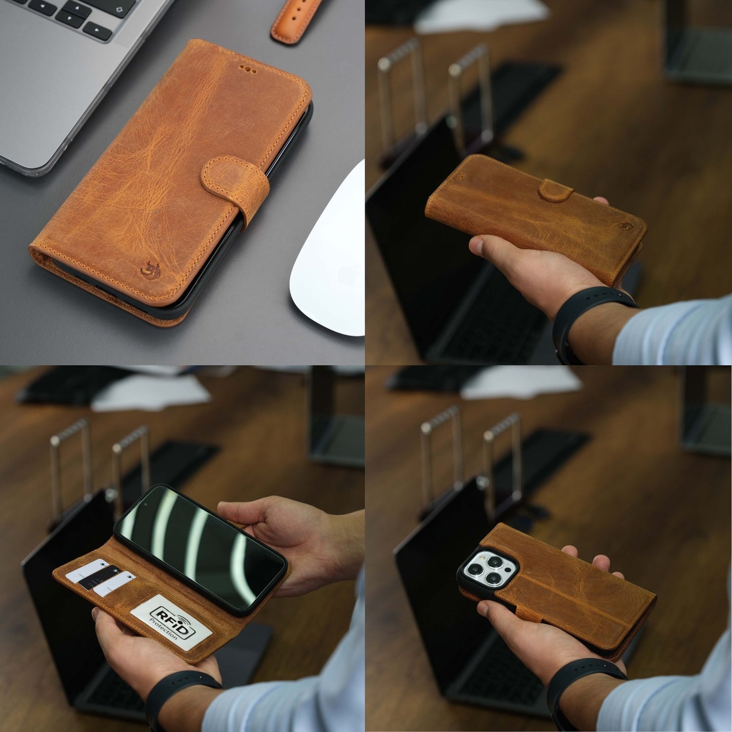 Coque portefeuille en cuir marron avec rabat à boucle et fenêtre caméra