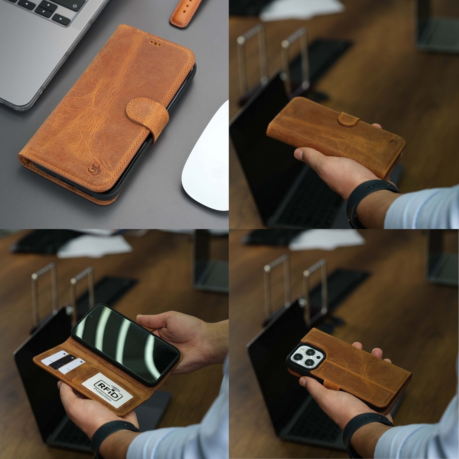 Coque portefeuille en cuir marron avec rabat à boucle et fenêtre caméra