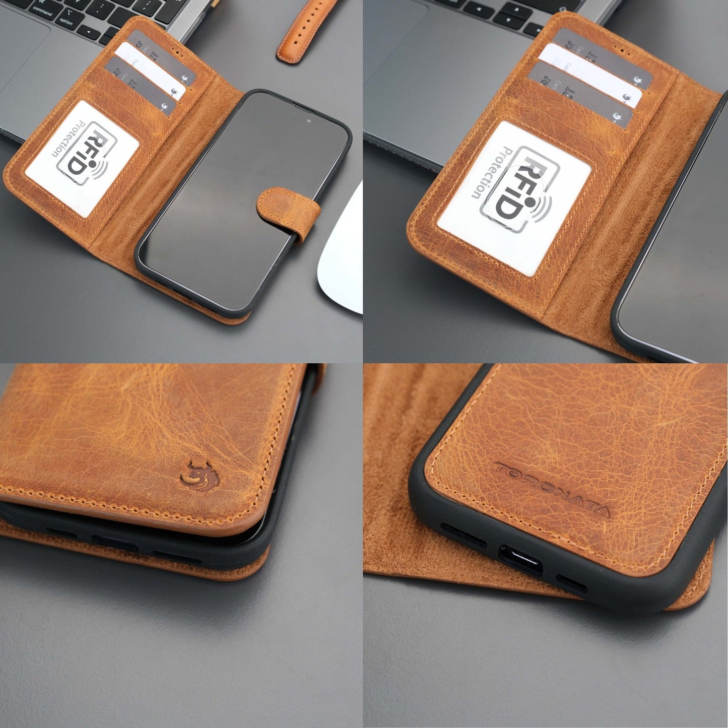 Coque portefeuille en cuir orange pour iPhone, rabat avec poche et protection étendue des coins
