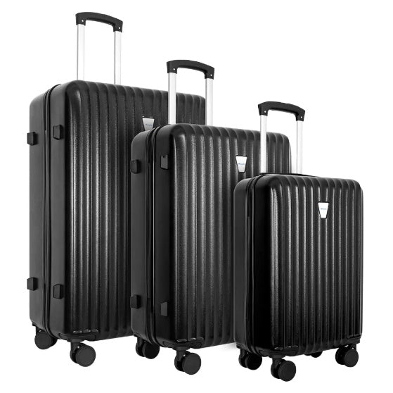 Ensemble de 3 valises rigides noires, poignées télescopiques, roues pivotantes à 360°