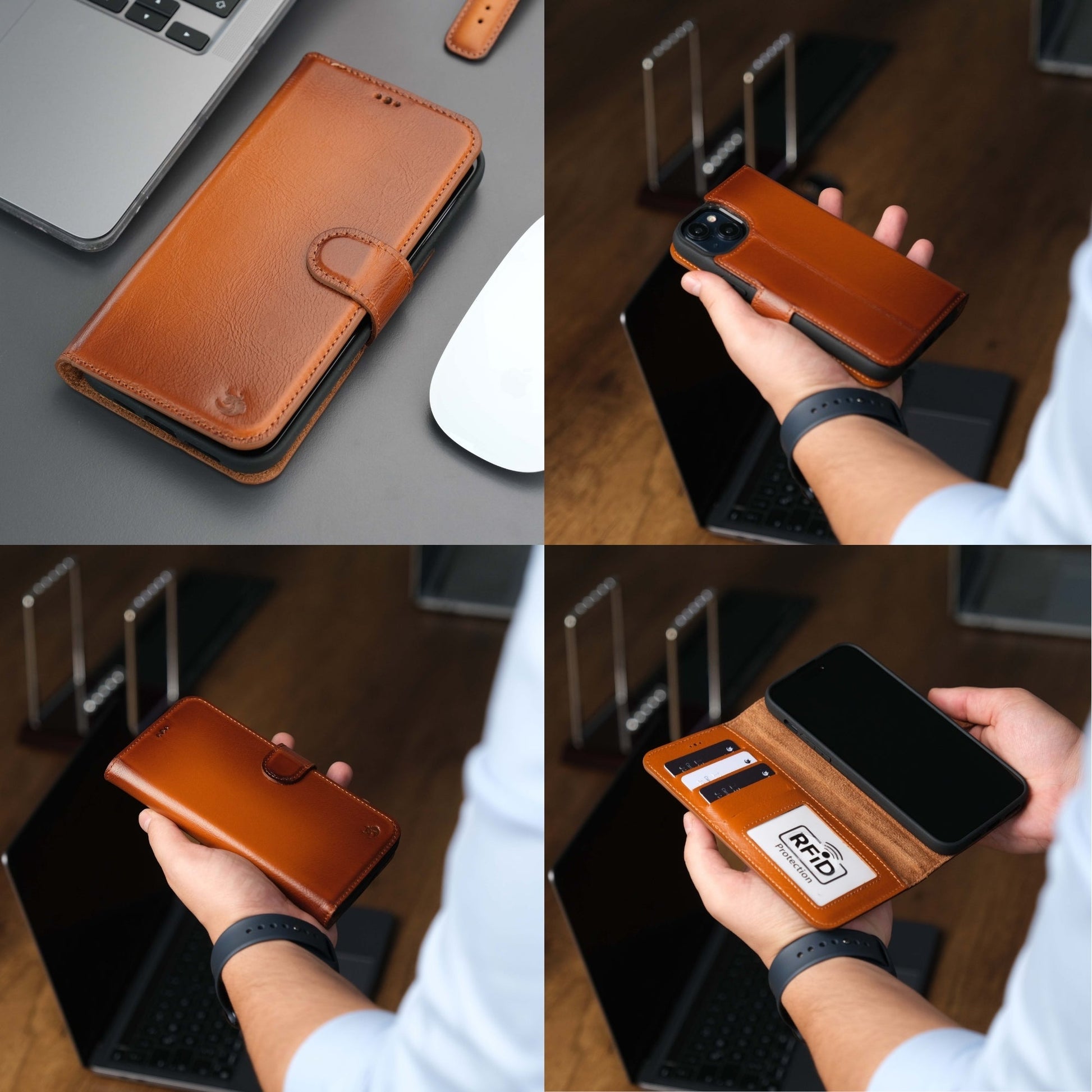 Coque portefeuille en cuir orange pour iPhone, rabat rabattable et béquille pour usage mains libres