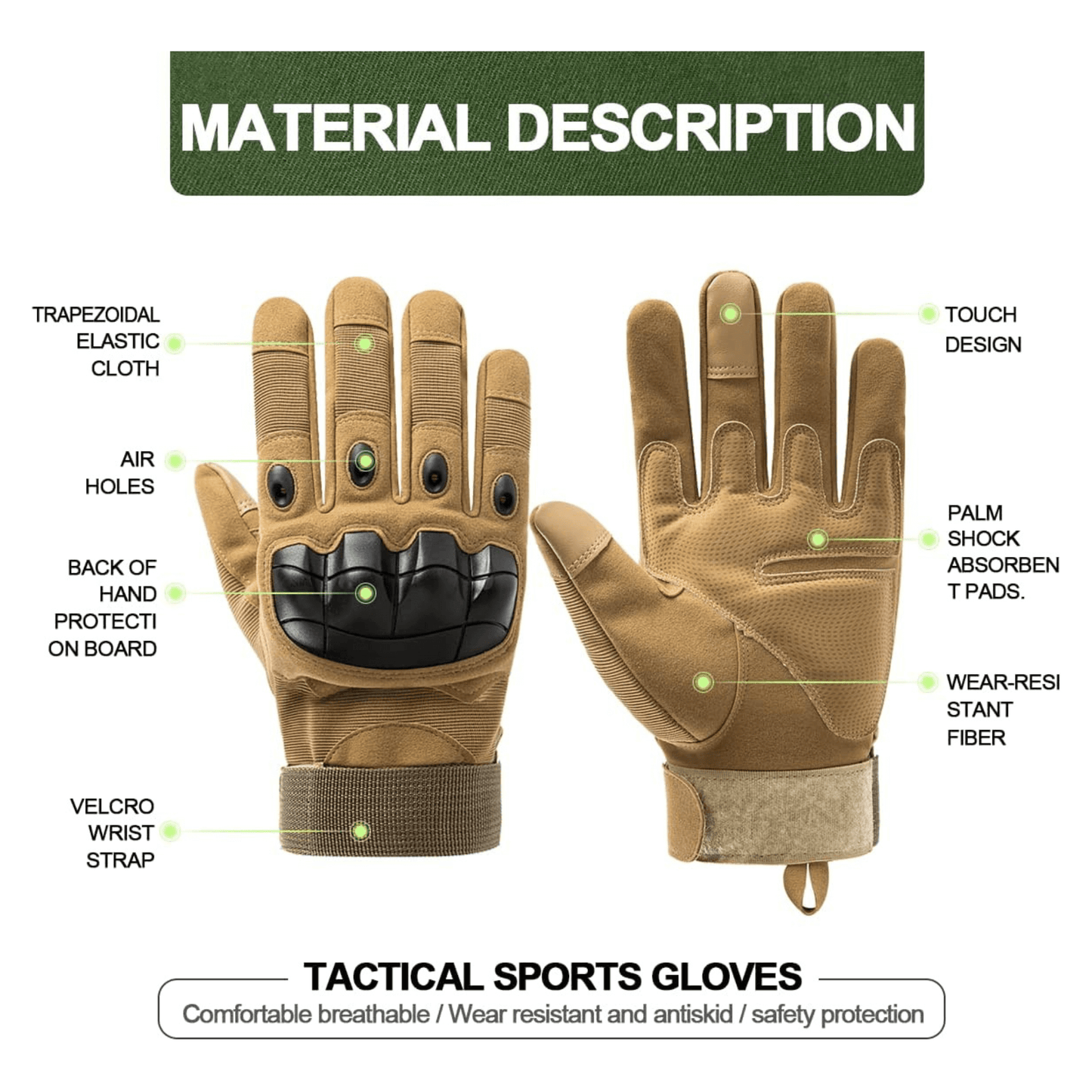 Gants tactiques JupiterGear beige, poignets avec sangle velcro, paume amortissante et protection