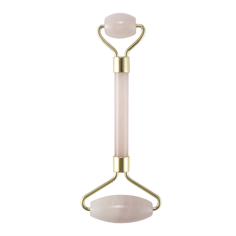 Rouleau de massage portable à deux têtes, avec pierre rose et manche blanc