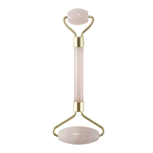 Rouleau de massage portable à deux têtes, avec pierre rose et manche blanc