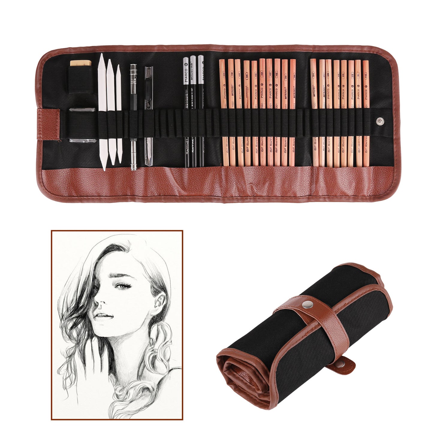 Pochette en toile brune ouverte avec crayons graphite et fusain, 29 pièces