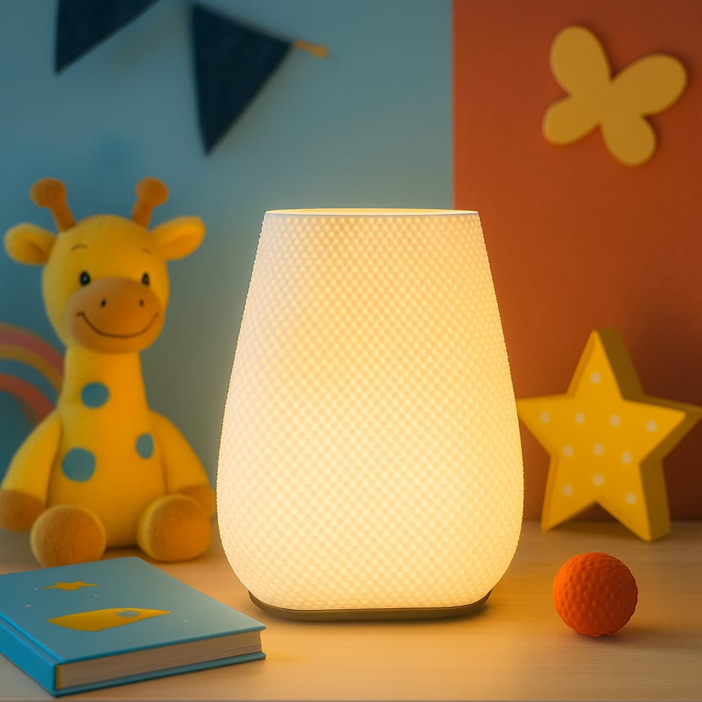 Lampe portable à abat-jour texturé translucide, diffuseur lumineux jaune, base arrondie