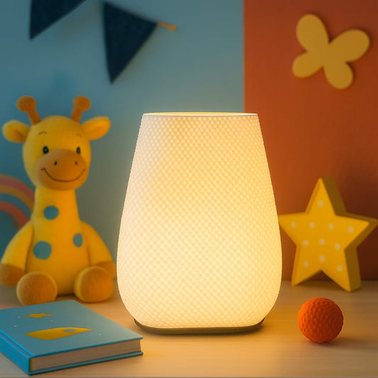 Lampe portable à abat-jour texturé translucide, diffuseur lumineux jaune, base arrondie