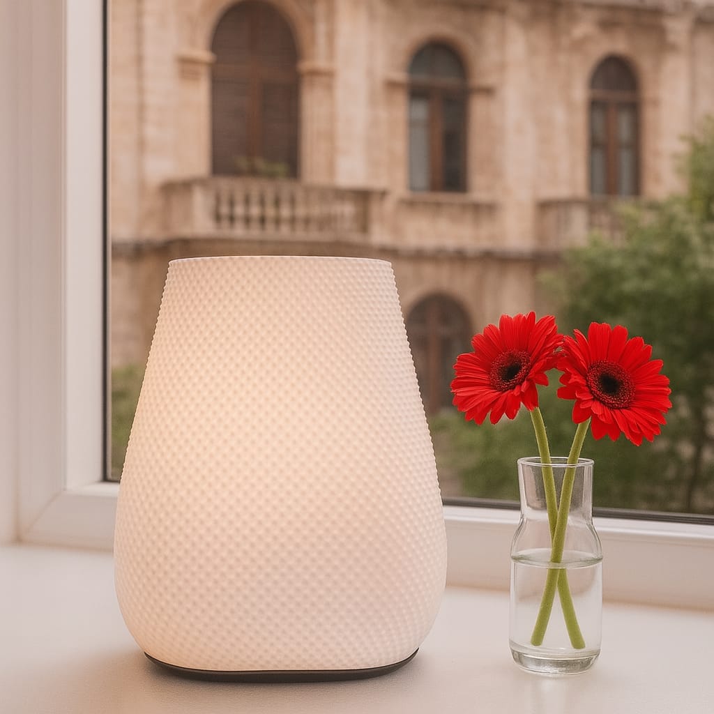 Lampe portable à abat-jour texturé blanc, lumière chaude, silhouette arrondie avec base noire