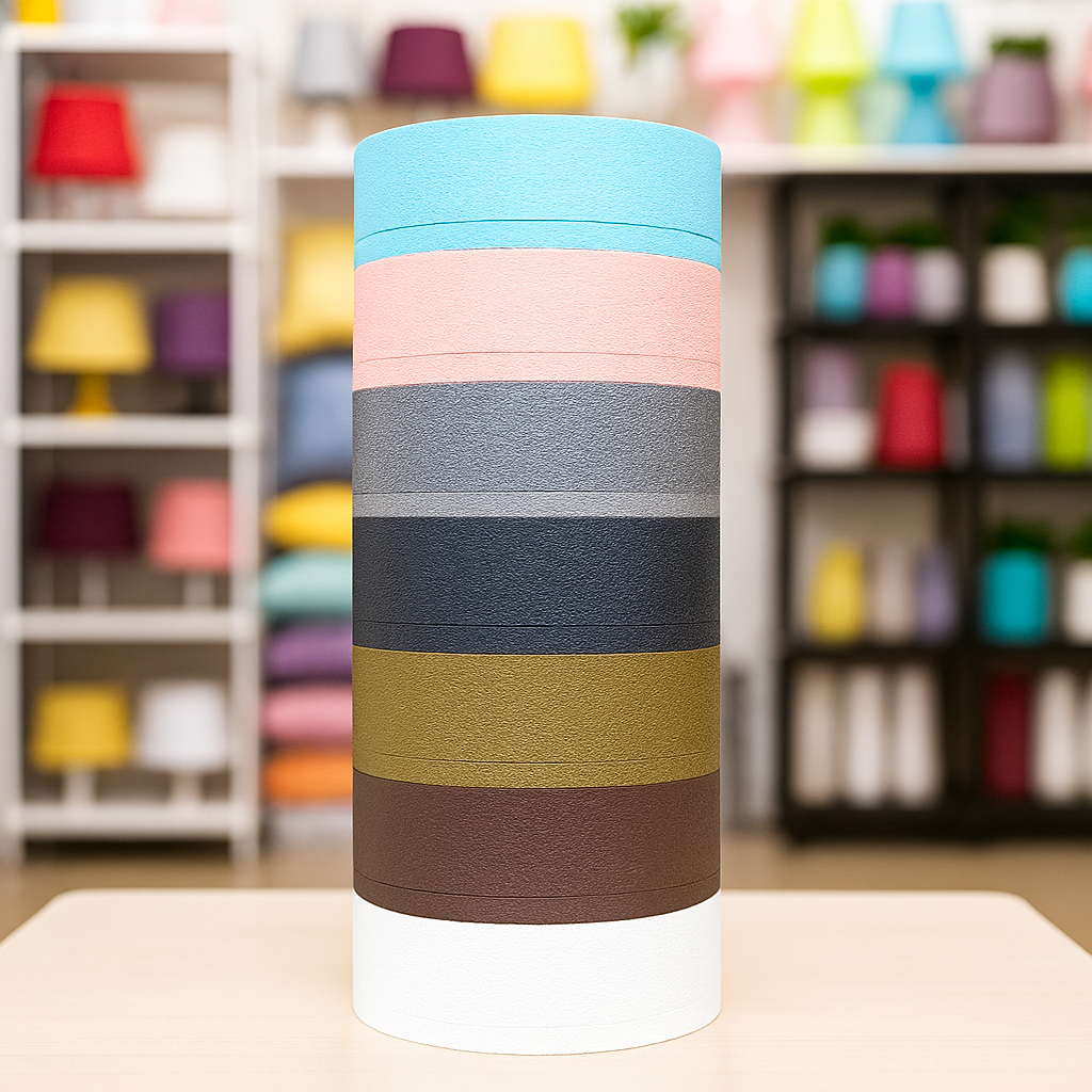 Lampe de table à abat-jour cylindrique rayé bleu, rose, gris, doré et brun.