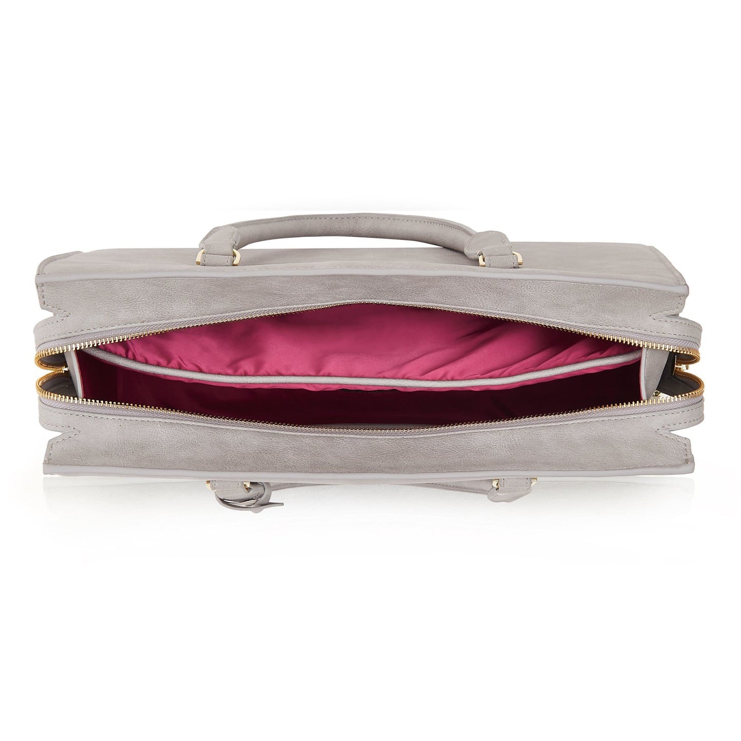 Sac ordinateur gris clair ouvert, doublure rose, fermeture zippée dorée
